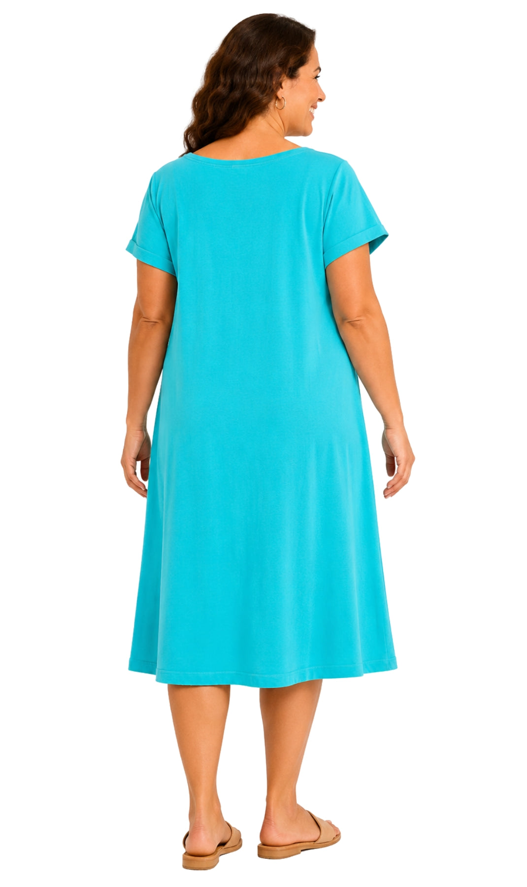 Women's Short Sleeve A-Line Knit Dress — Scoop Neck Asymmetrical Hem 5