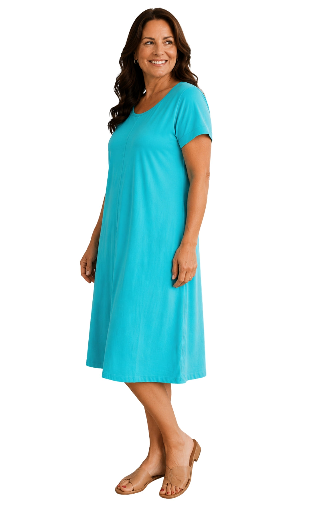Women's Short Sleeve A-Line Knit Dress — Scoop Neck Asymmetrical Hem 6