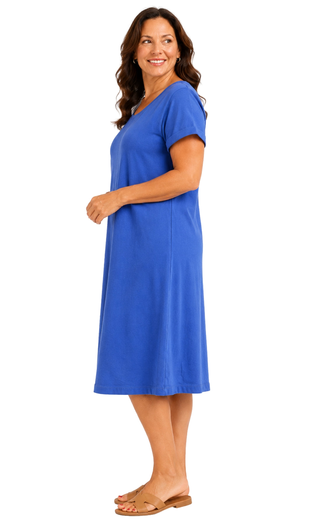 Women's Short Sleeve A-Line Knit Dress — Scoop Neck Asymmetrical Hem 12