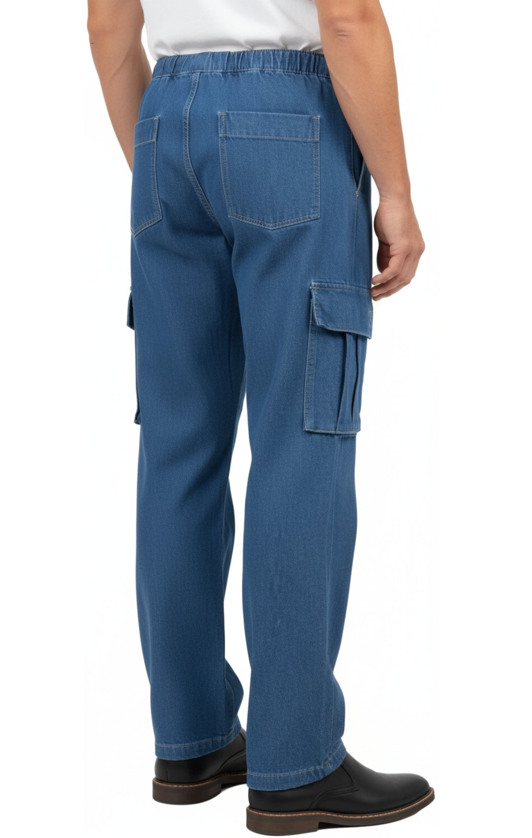 Turtle Bay Apparel Men's Lightweight Double Cargo Pocket Pull-On Jeans – Med Blue Back View
