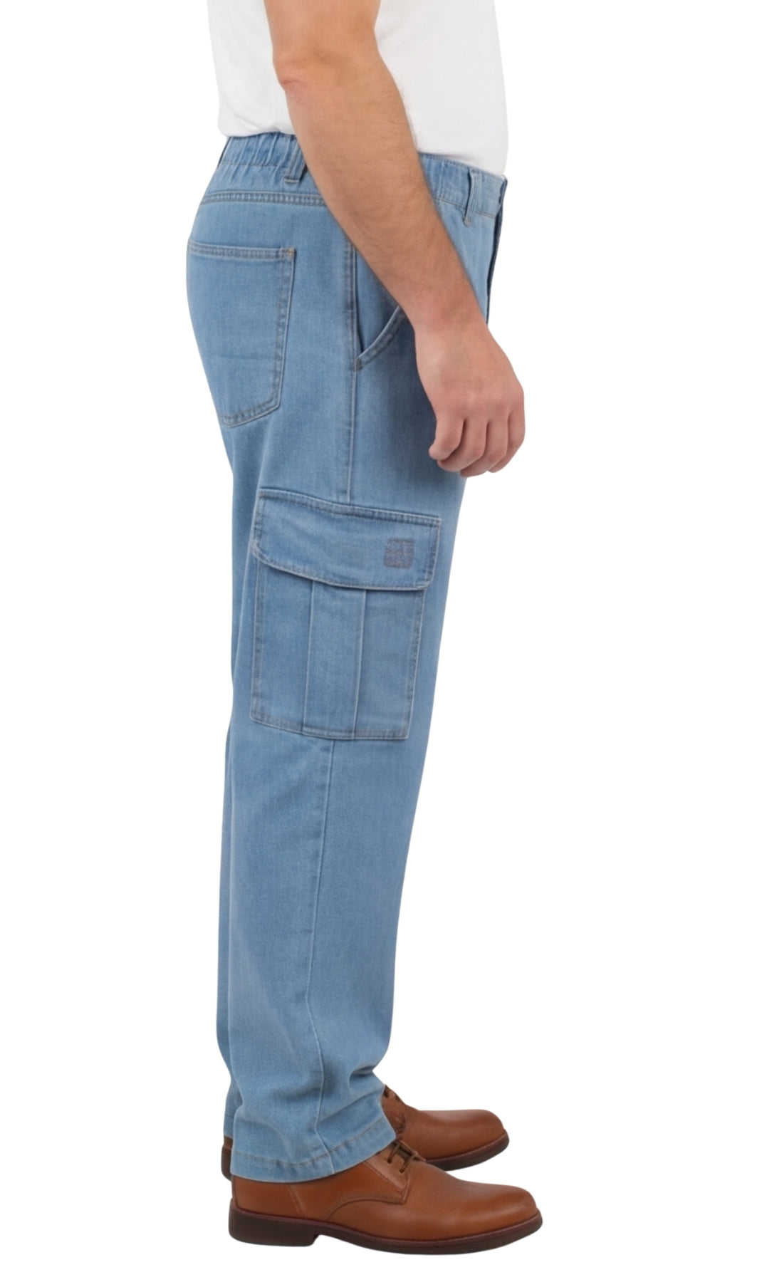 Turtle Bay New York Men's Lightweight Double Cargo Pocket Pull-On Jeans med stone wash side