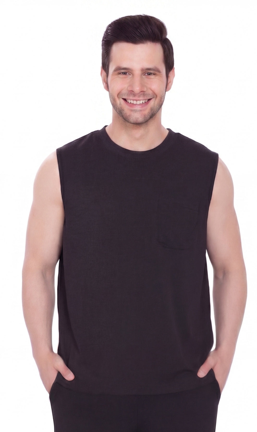 Men’s Sleeveless Crew Neck T-Shirt – Regular Fit, Heavier Cotton Blend Jersey with Chest Pocket