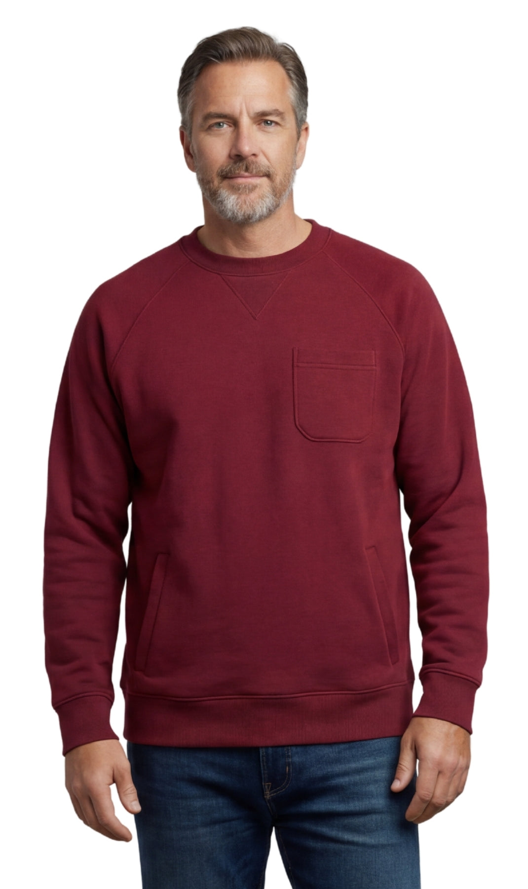 Turtle Bay New York Mens 3-Pocket Fleece Sweatshirt with Raglan Seams, Chest Pocket and Tagless Neck burgundy front