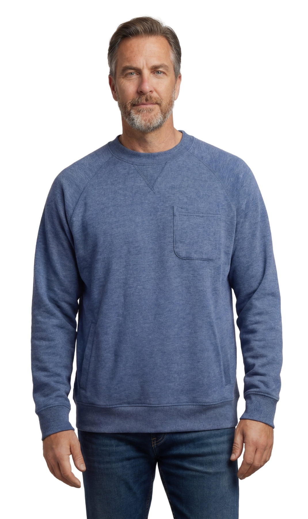 Turtle Bay New York Mens 3-Pocket Fleece Sweatshirt with Raglan Seams, Chest Pocket and Tagless Neck blue heather front