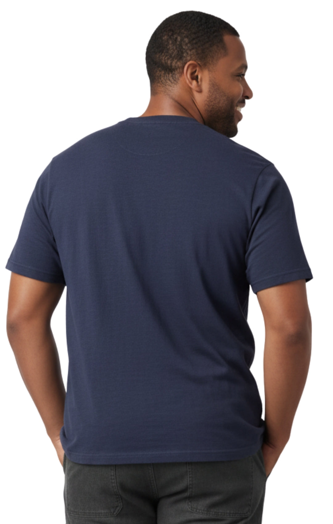Man wearing a navy blue t-shirt on a white background