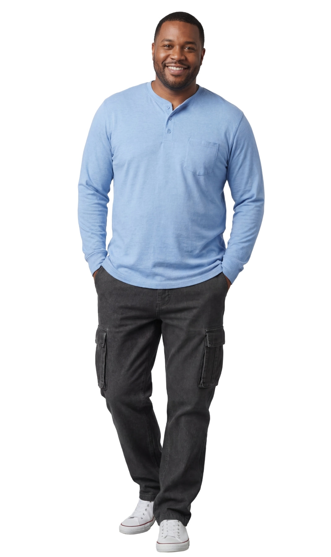 Turtle Bay New York Men's Long Sleeve Henley shirt in cotton blend with 3 Button Placket & Chest Pocket Blue Heather full