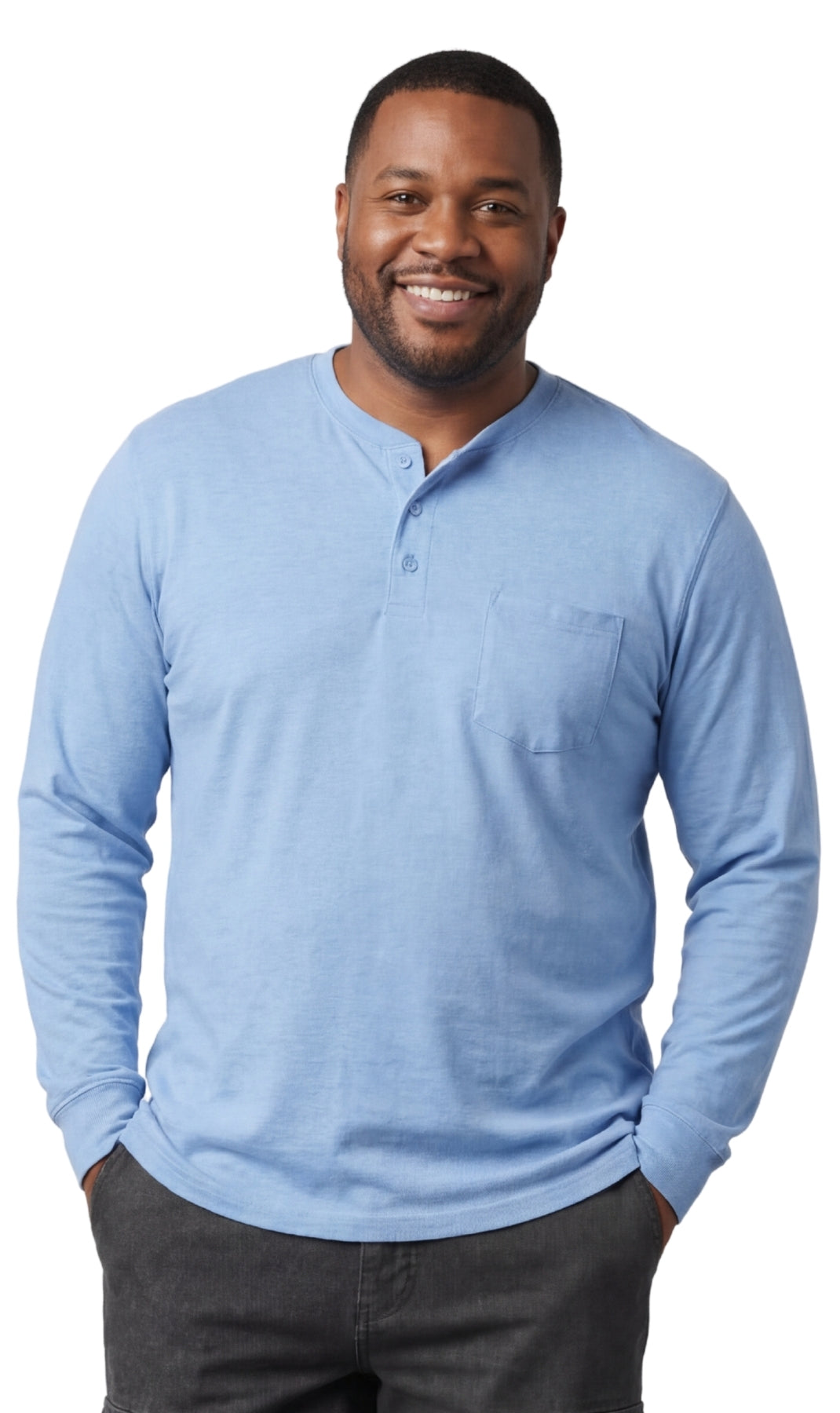 Men's Long Sleeve Henley shirt in cotton blend with 3 Button Placket & Chest Pocket