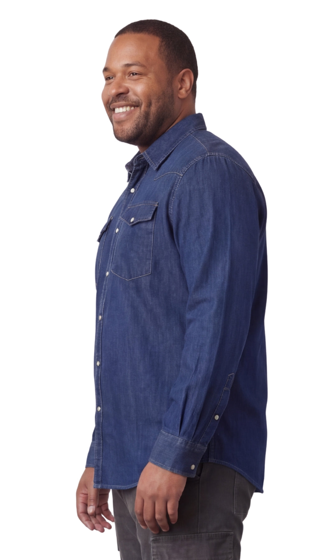 Turtle Bay Apparel Mens Western Snap Front Button Shirt in Denim and Twill with a Stitched Yoke and Chest Pockets – Med Blue Side View