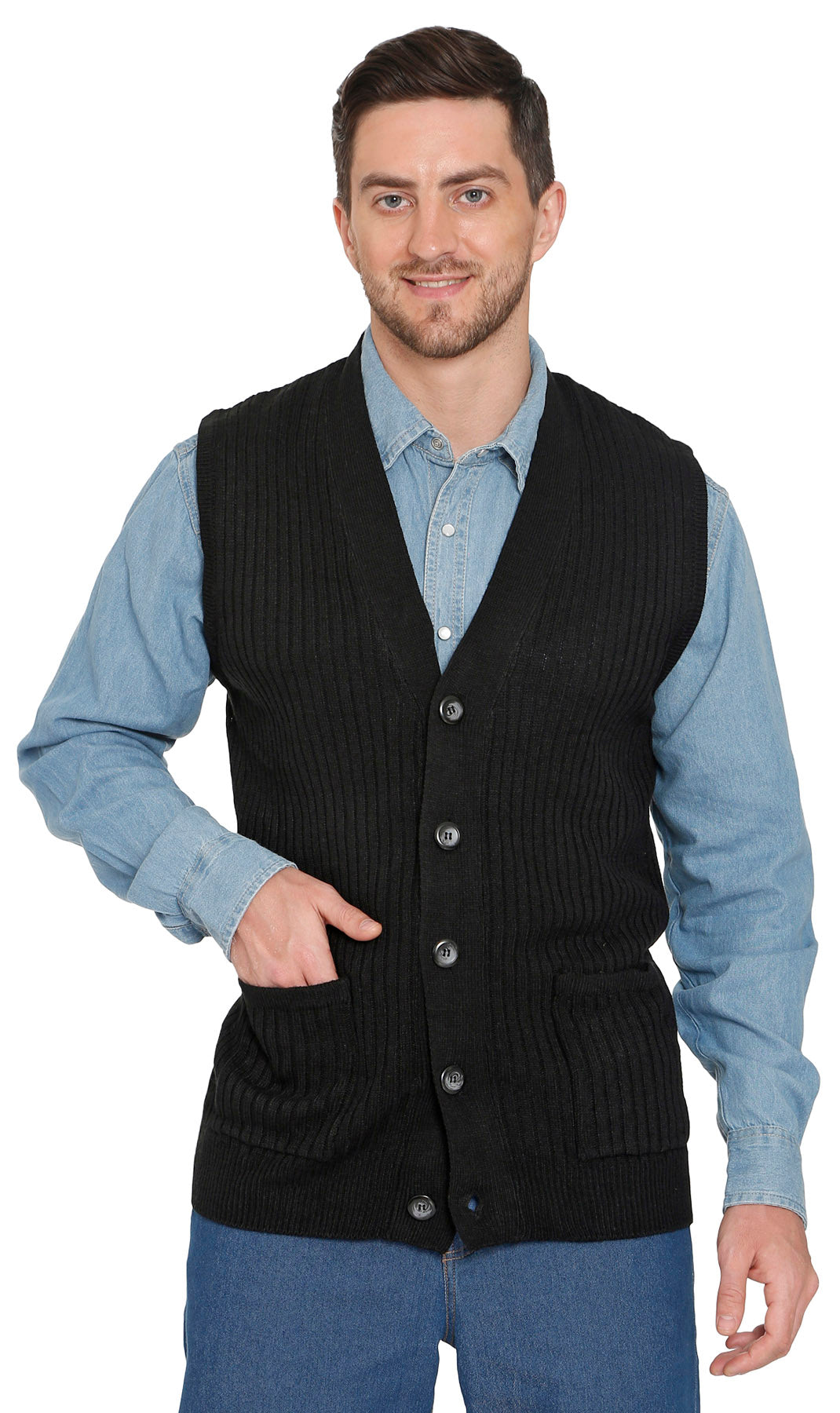 Men's Relaxed Fit Rib Knit Sweater Vest - Button Front with Pockets