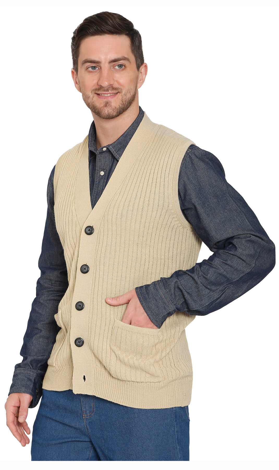 Men's Relaxed Fit Rib Knit Sweater Vest - Button Front with Pockets 32