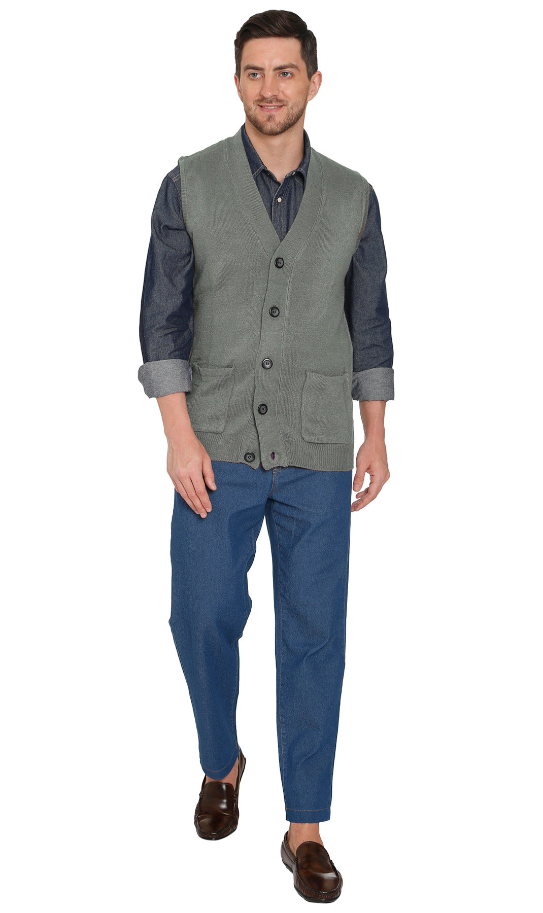 Turtle Bay Apparel Men's Cashmere-Like Button Front Flat Knit Sweater Vest – Grey Front View