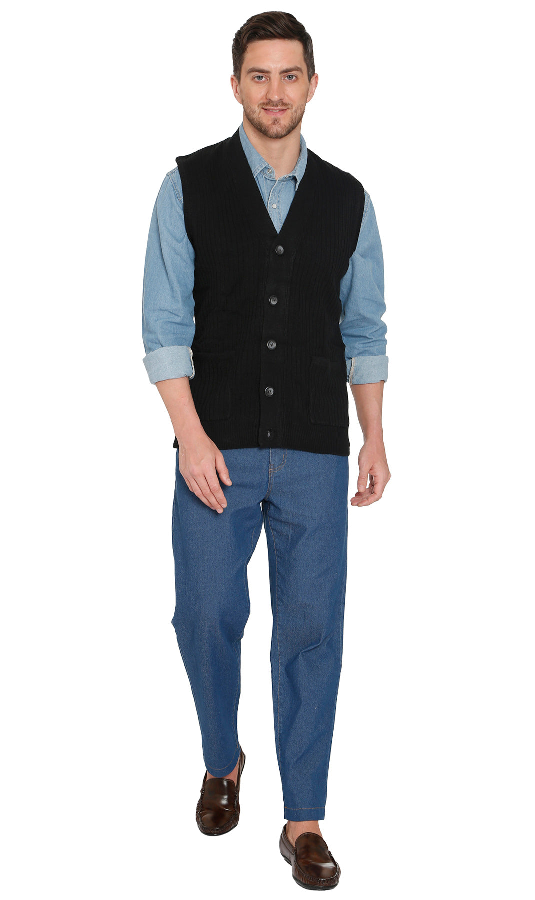 Men's Cashmere-Like Button Front Flat Knit Sweater Vest with front patch pockets 33