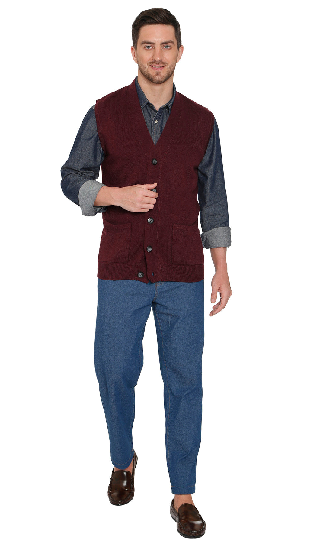 Turtle Bay Apparel Men's Cashmere-Like Button Front Flat Knit Sweater Vest – Burgundy Front View