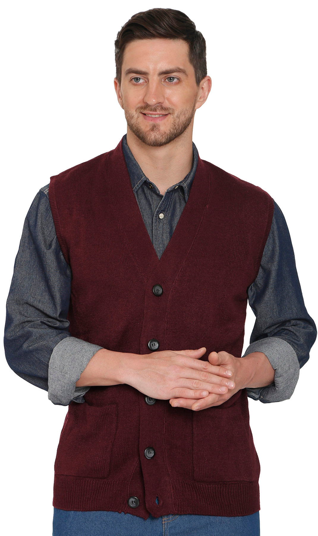 Turtle Bay Apparel Men's Cashmere-Like Button Front Flat Knit Sweater Vest – Burgundy
