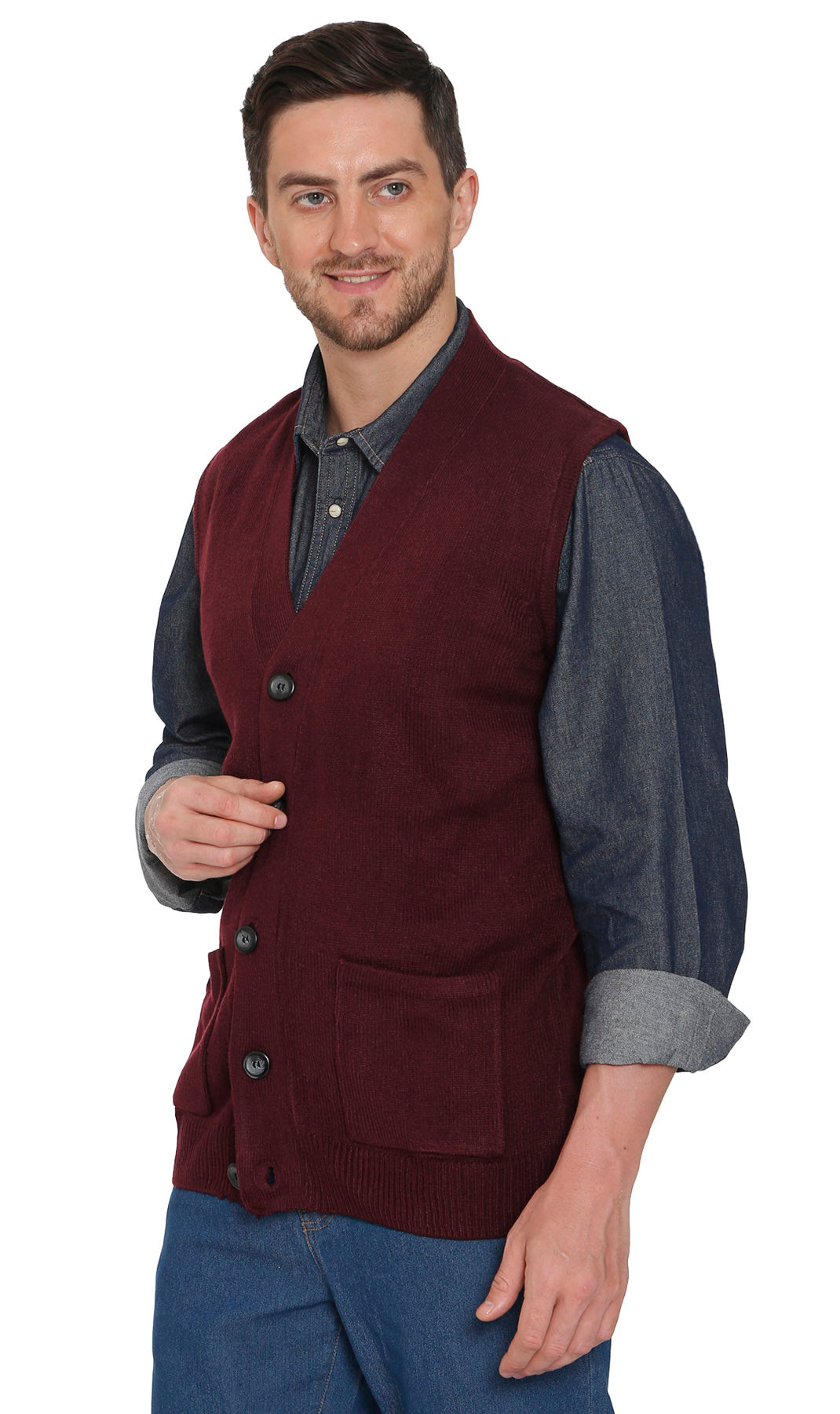 Turtle Bay Apparel Men's Cashmere-Like Button Front Flat Knit Sweater Vest – Burgundy