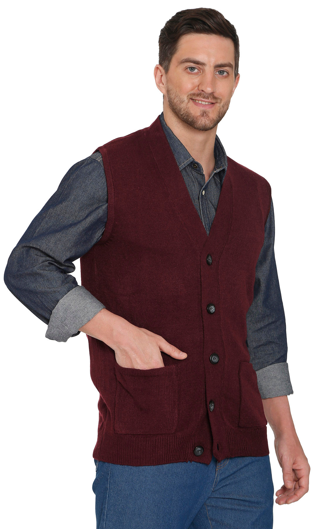 Turtle Bay Apparel Men's Cashmere-Like Button Front Flat Knit Sweater Vest – Burgundy