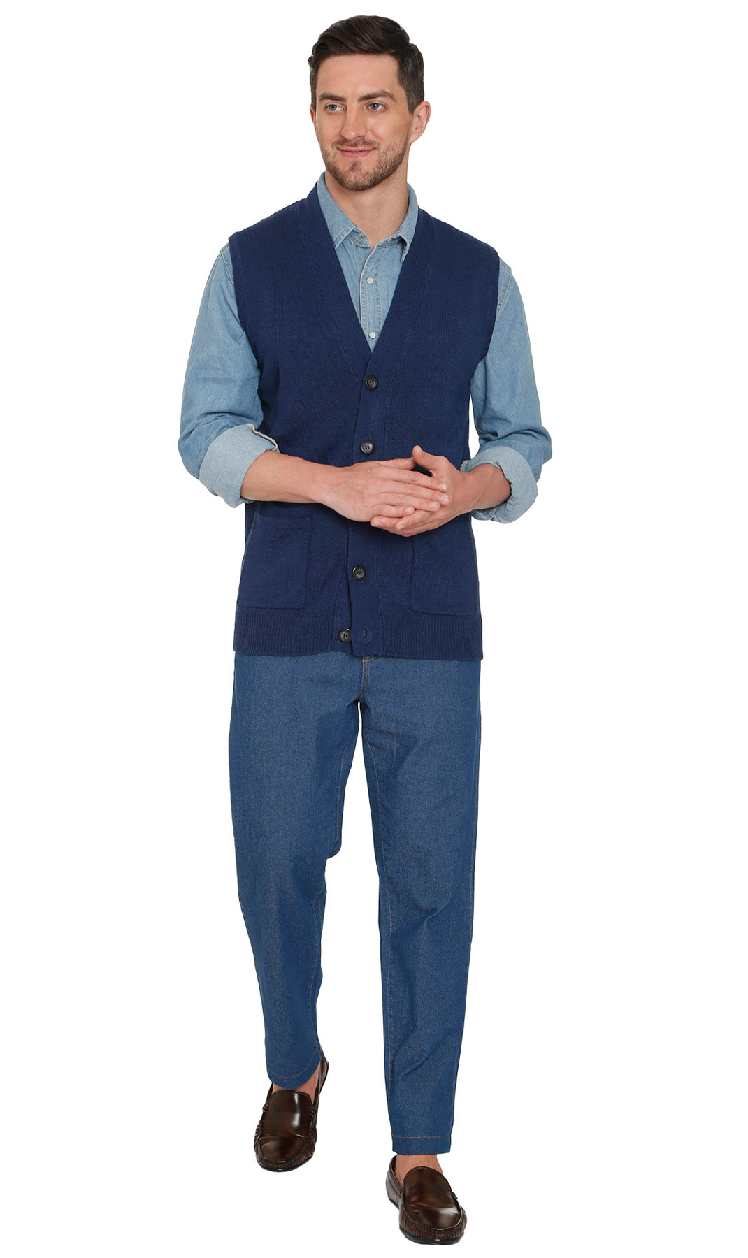 Turtle Bay Apparel Men's Cashmere-Like Button Front Flat Knit Sweater Vest – Navy Front View