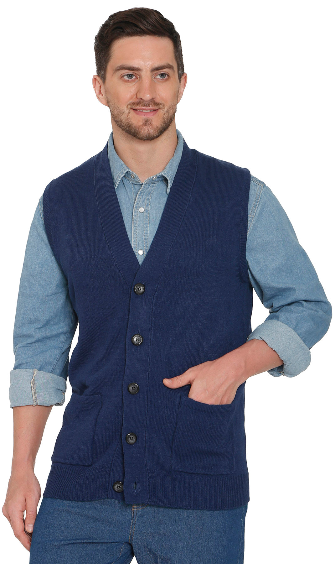 Turtle Bay Apparel Men's Cashmere-Like Button Front Flat Knit Sweater Vest – Navy