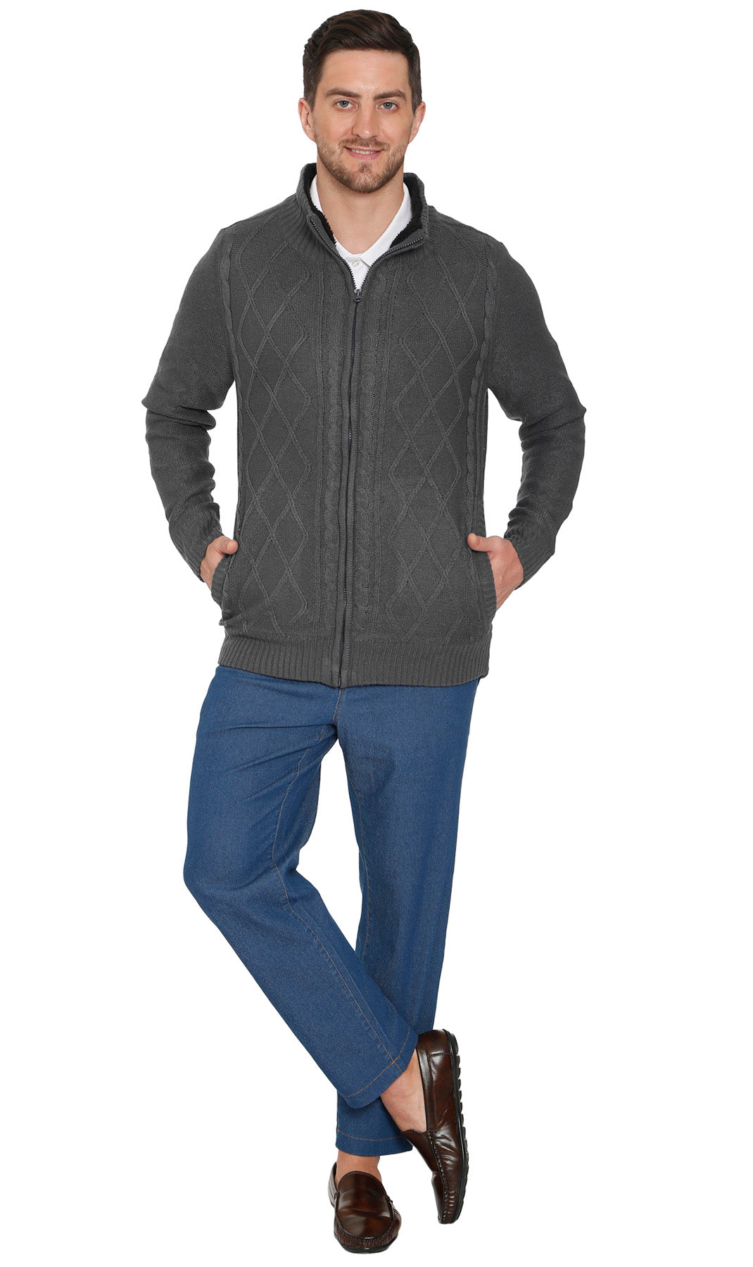 Mens Sherpa Fleece Lined Zip Front Sweater Jacket 6