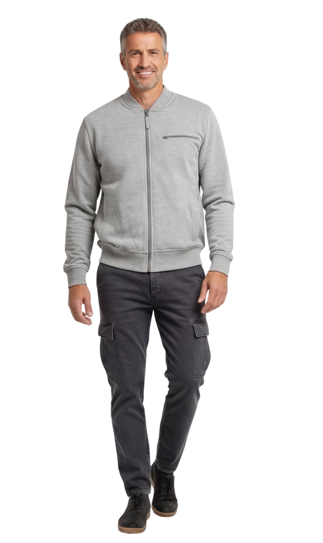 Man wearing a gray zip-up sweatshirt and cargo pants on a white background