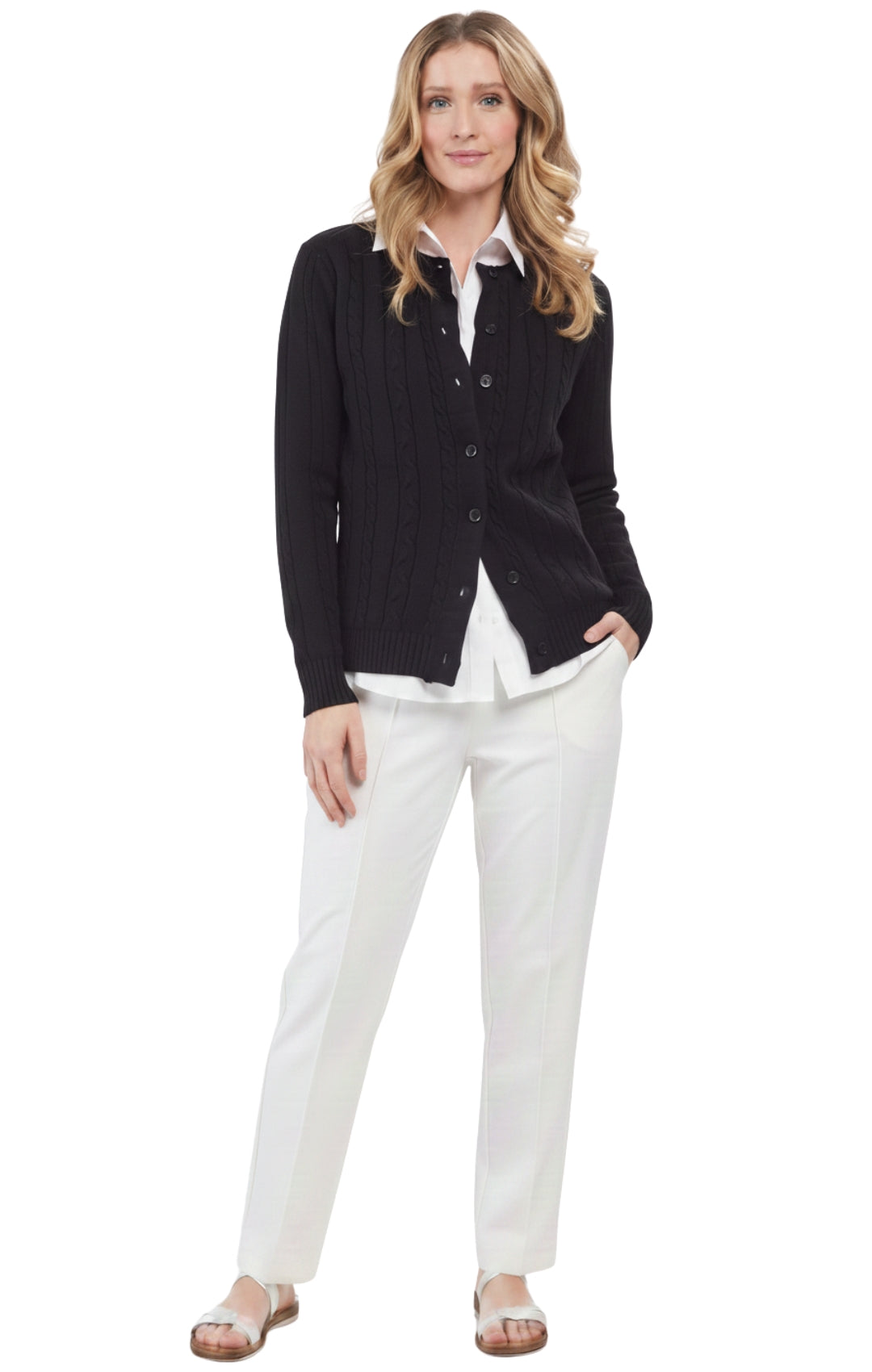 Women's Classic Button Front Cable Knit Cardigan in Soft Acryllic 3