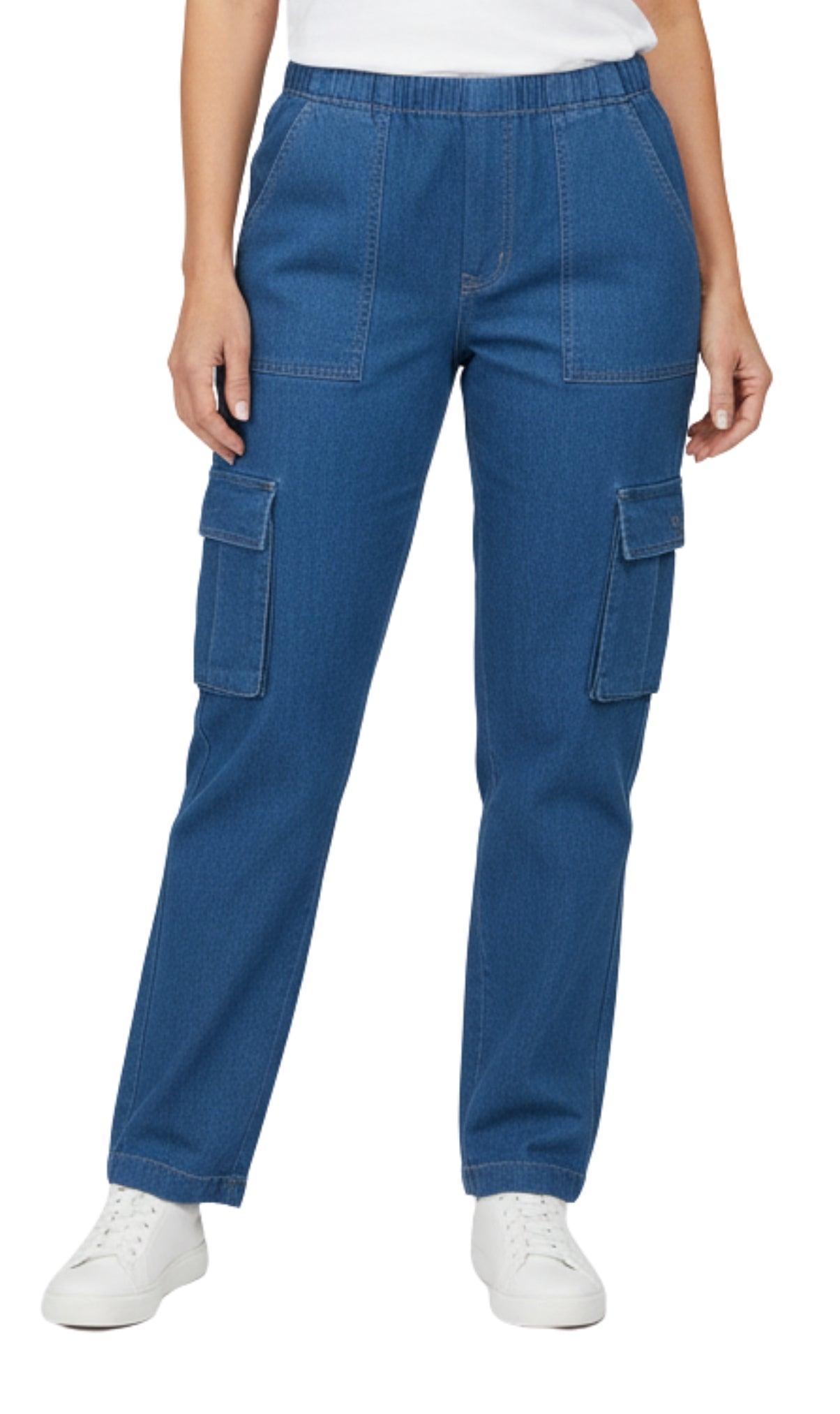 Women's Elastic Stretch Waist Casual Denim Pull-on Cargo Pants 21