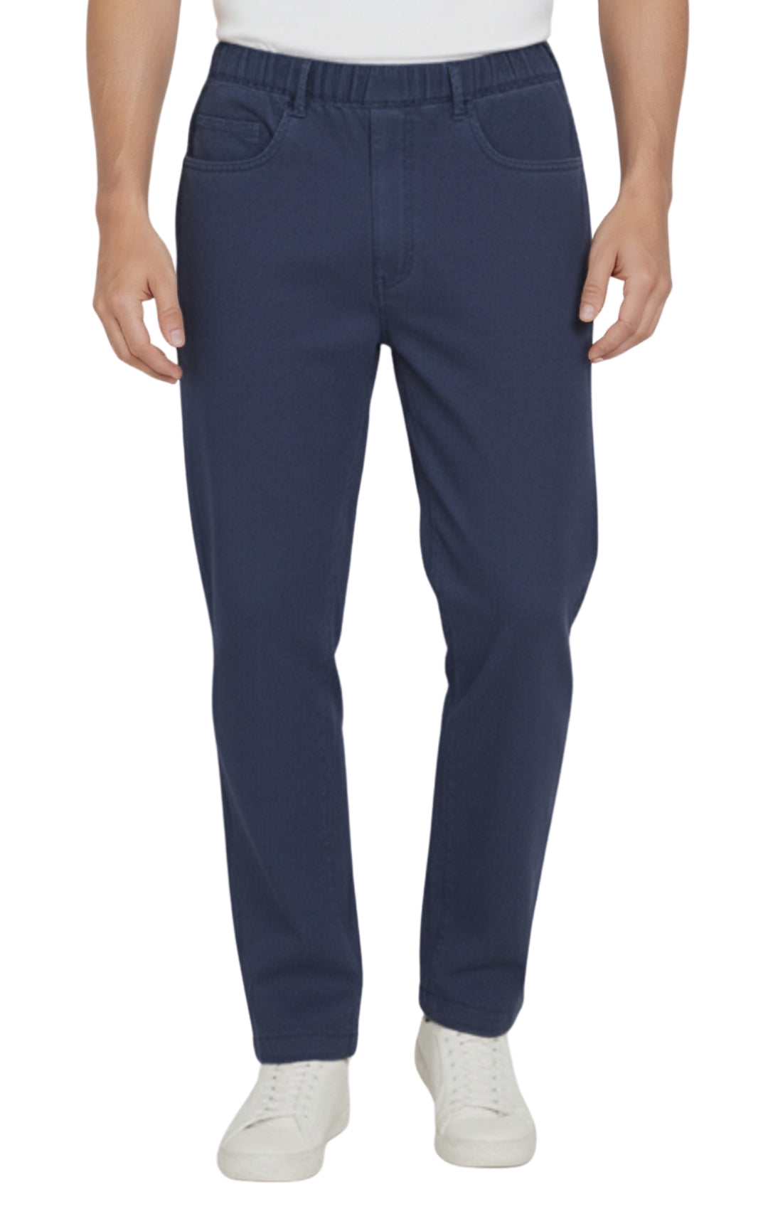 Navy blue pants worn by a person on a white background