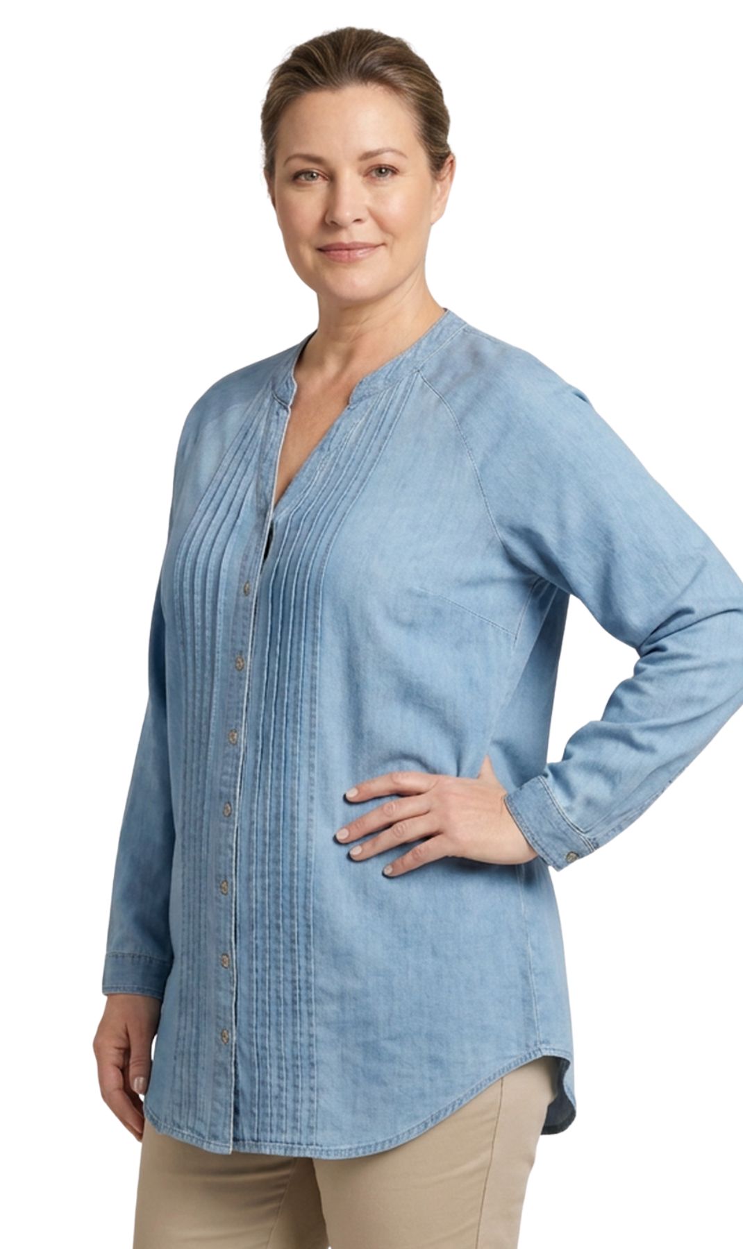 Women's Denim Pintuck Button-Front Tunic Top 9