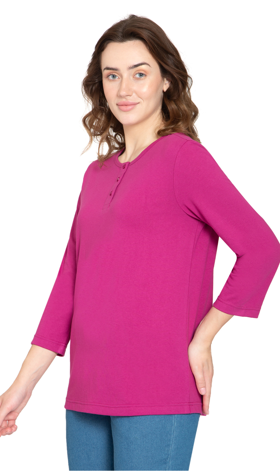 Turtle Bay Apparel Women's 3/4 sleeves Henley in Cotton Blend with Button Placket