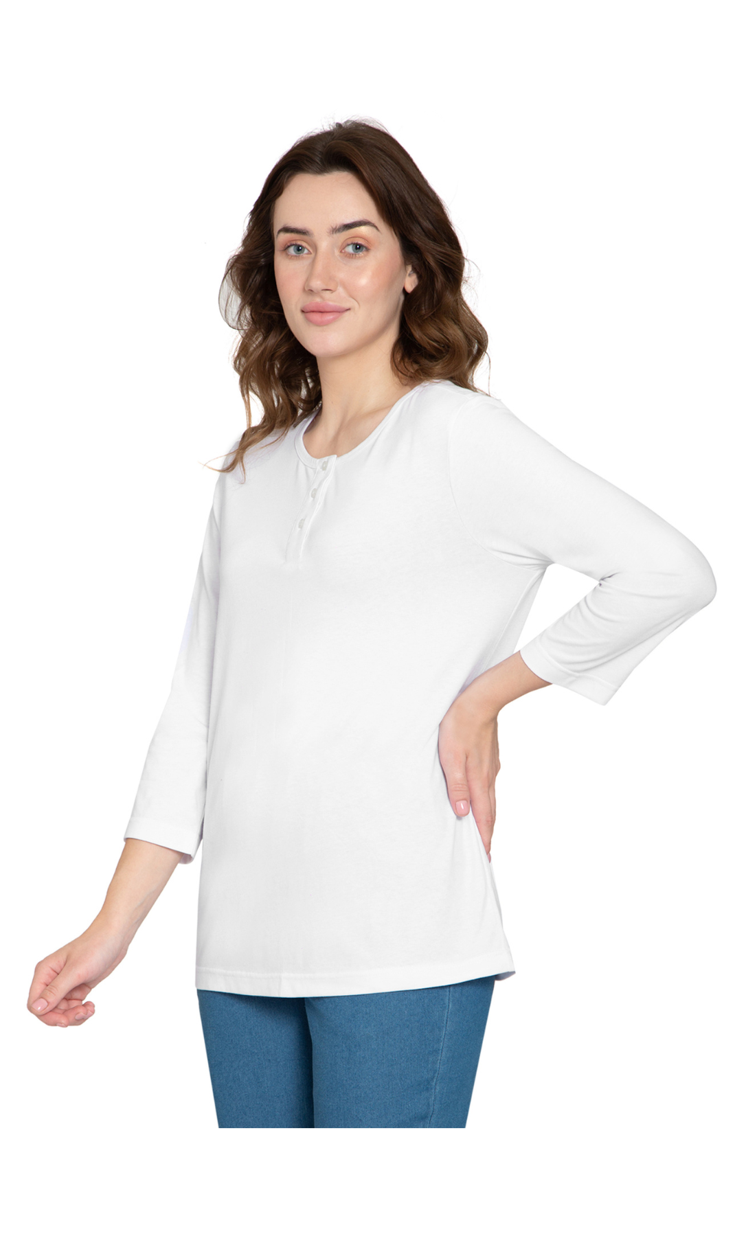Women's 3/4 sleeves Henley in Cotton Blend with Button Placket 23