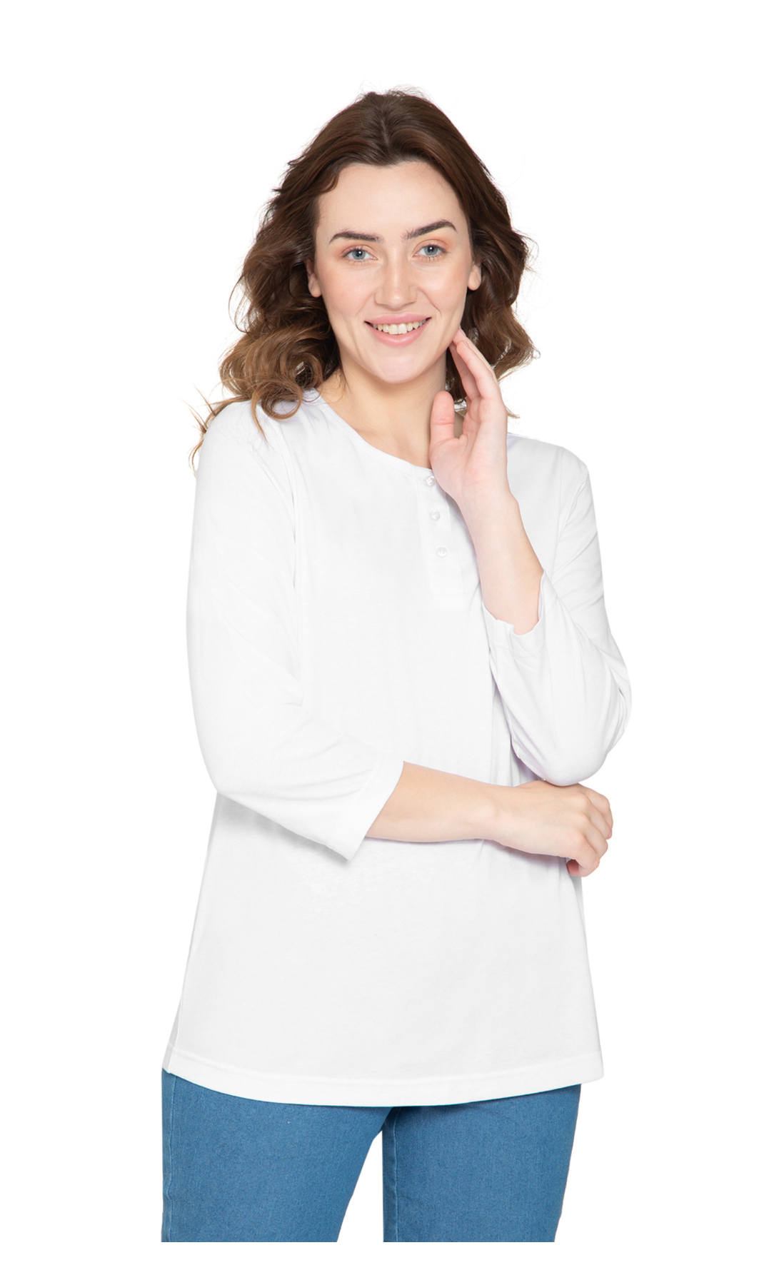 Women's 3/4 sleeves Henley in Cotton Blend with Button Placket 22