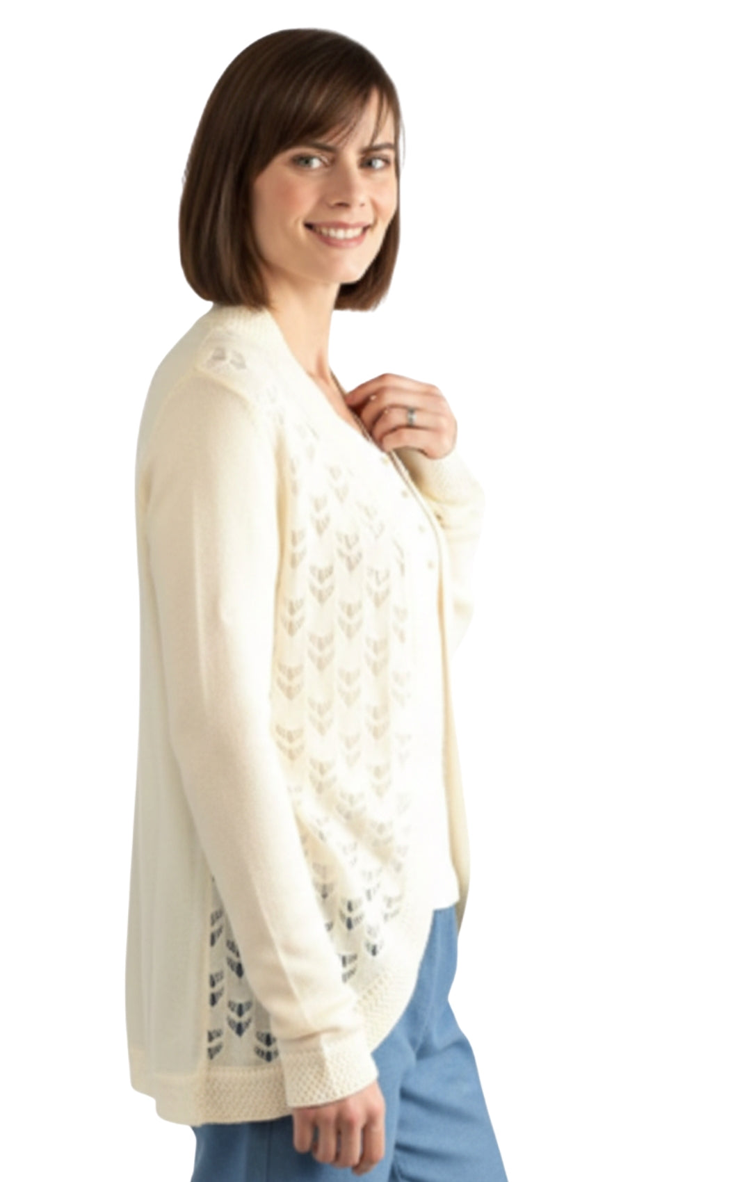 Women's Open Front Curved Hem Pointelle Shrug in Soft Acrylic 6
