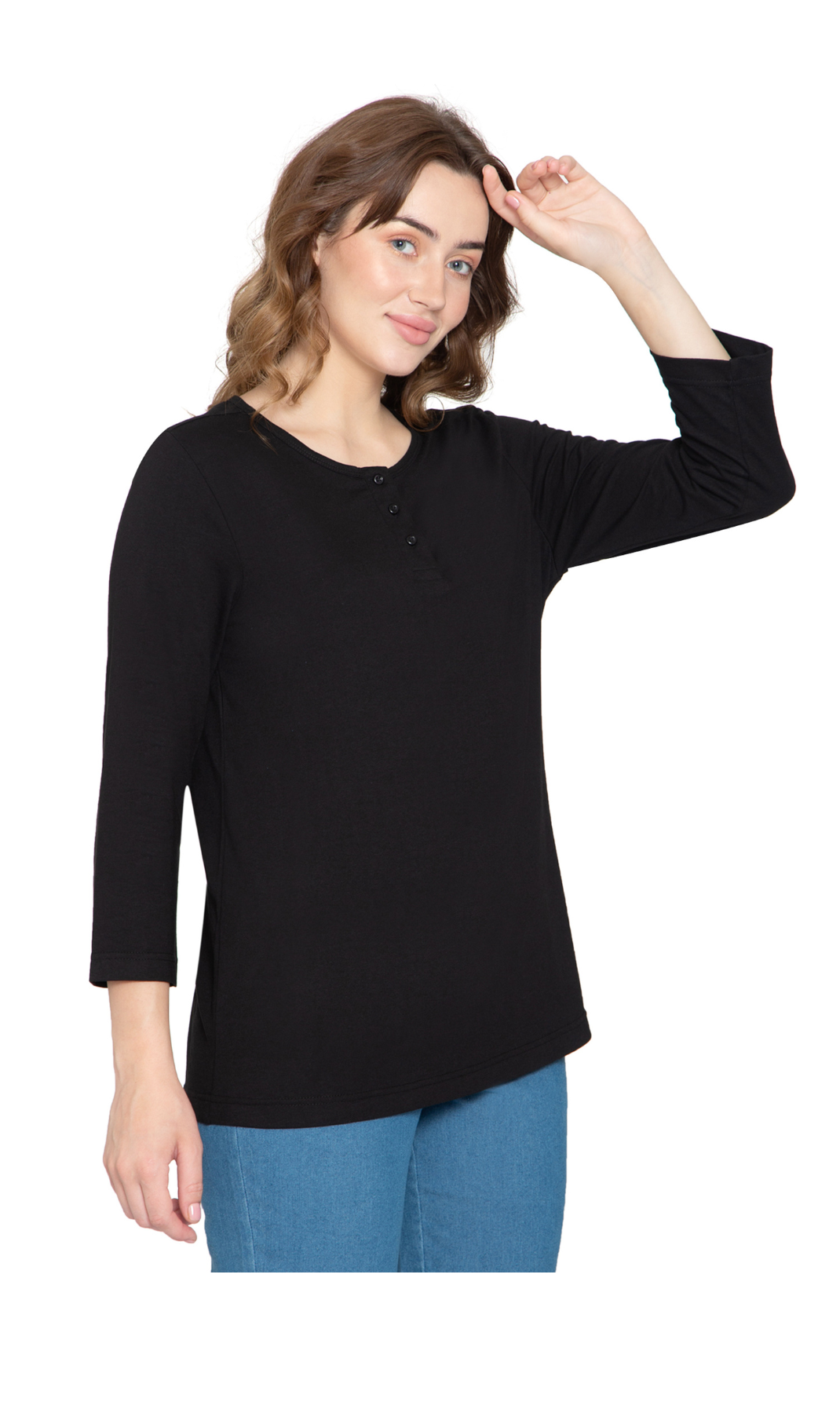 Women's 3/4 sleeves Henley in Cotton Blend with Button Placket 28