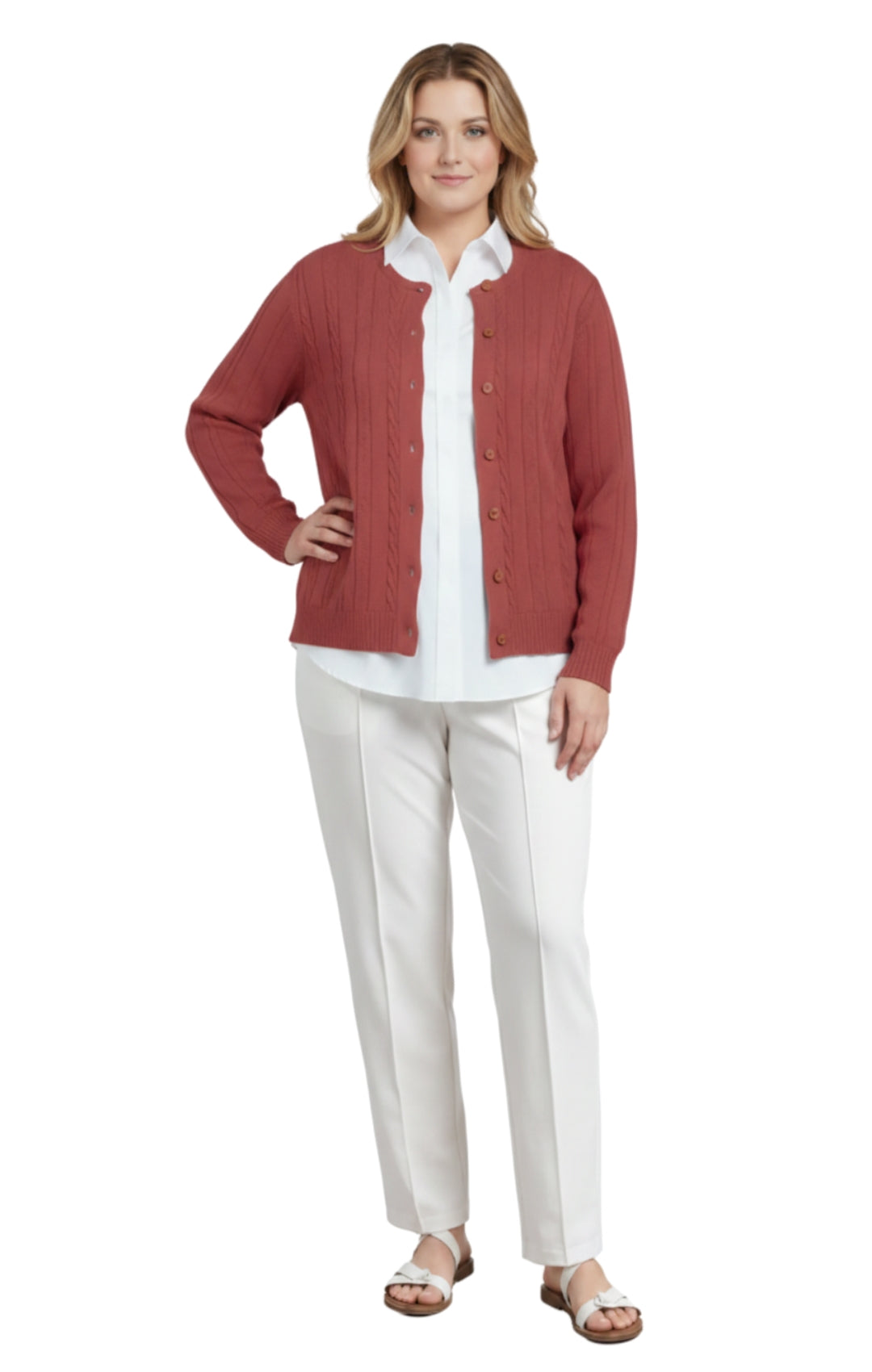 Women's Classic Button Front Cable Knit Cardigan in Soft Acryllic 25
