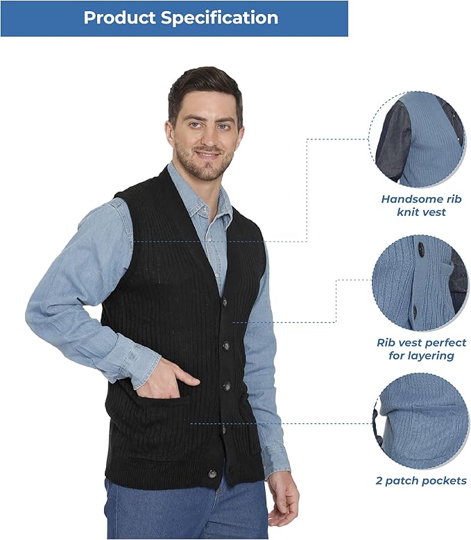 Men's Relaxed Fit Rib Knit Sweater Vest - Button Front with Pockets 4