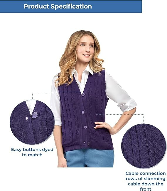 Woman wearing a purple cable knit vest with product specifications highlighted.