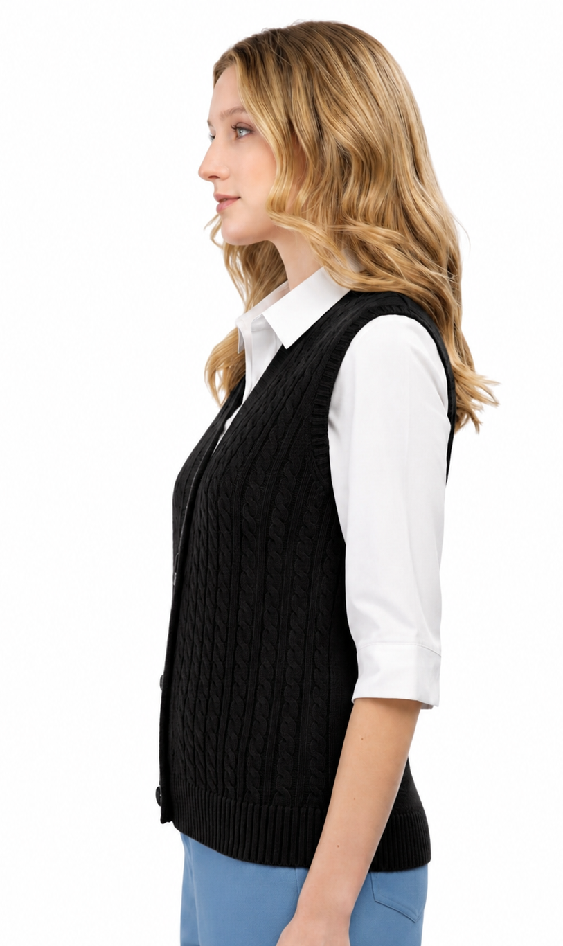 Woman wearing a black sweater vest over a white shirt and blue pants on a white background