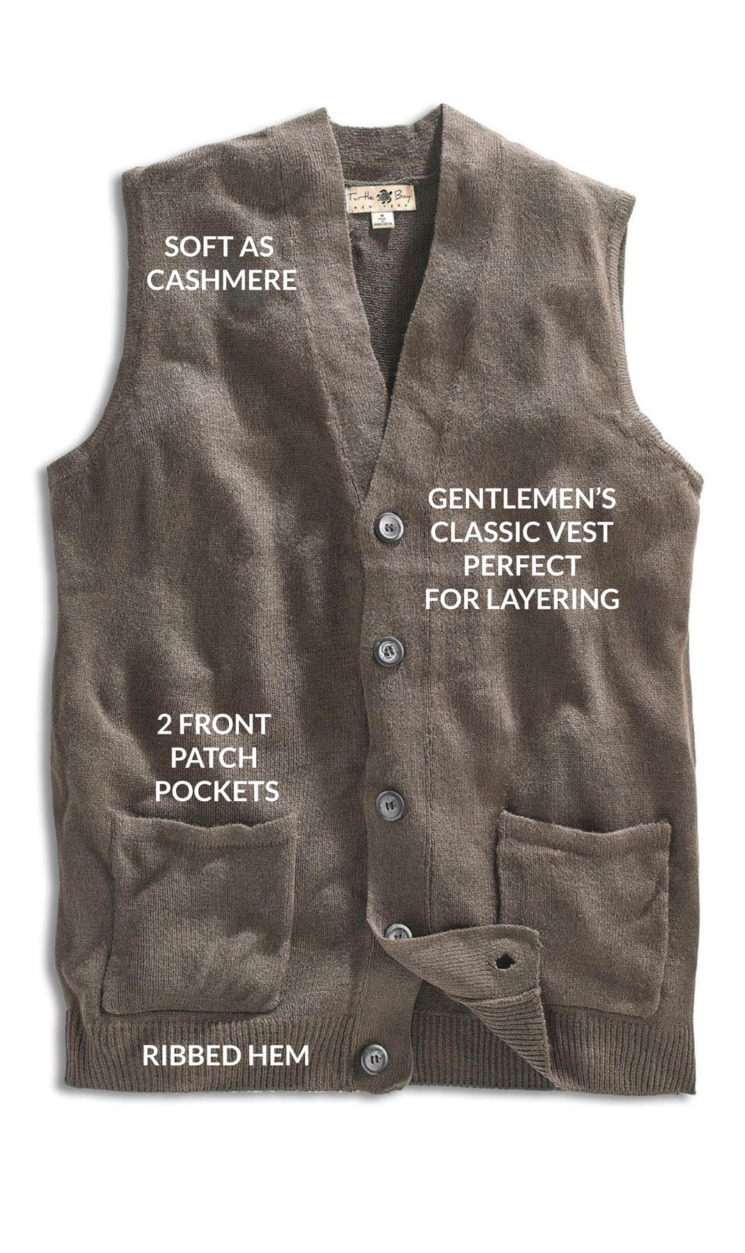 Turtle Bay Apparel Men's Cashmere-Like Button Front Flat Knit Sweater Vest