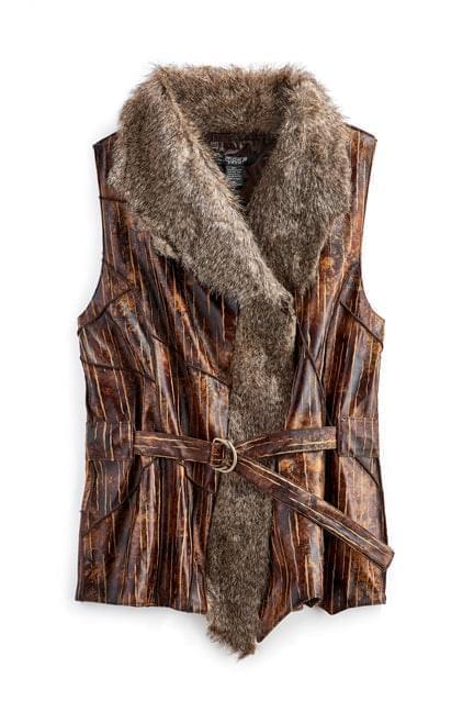 Women's Faux Fur Trimmed Belted Vegan Leather Vest - Flat lay -  TURTLE BAY APPAREL
