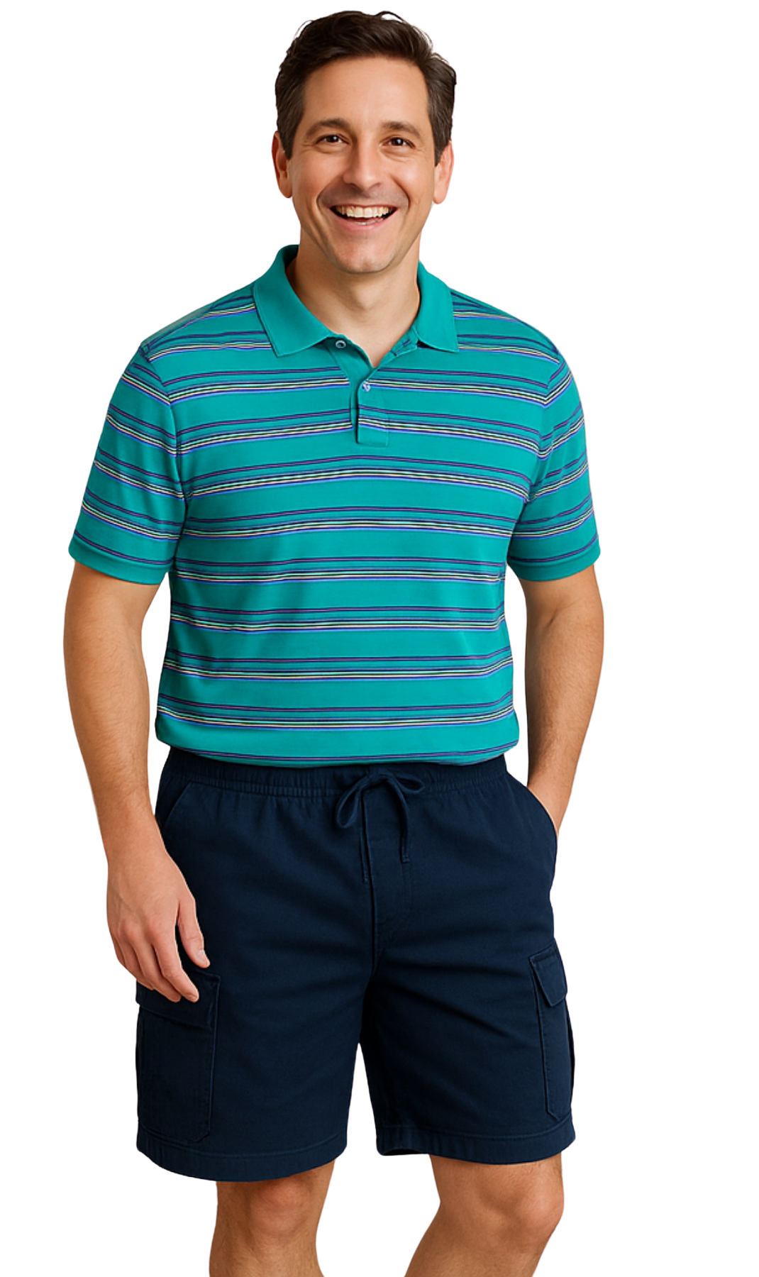 Man wearing a teal striped polo shirt and navy shorts on a white _ front_background