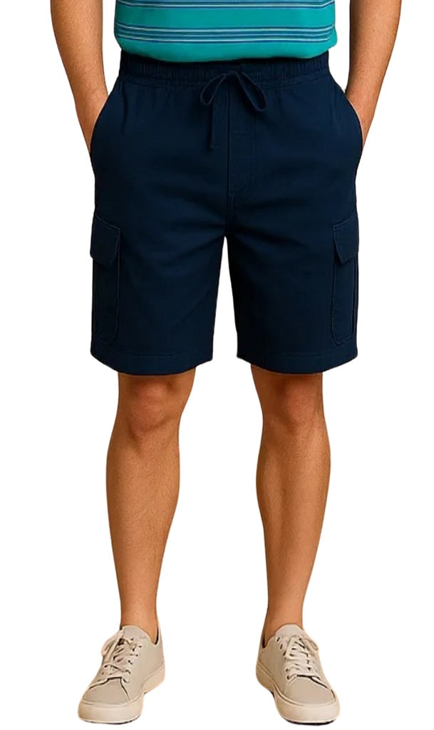 Person wearing navy cargo shorts on a white background_FRONT