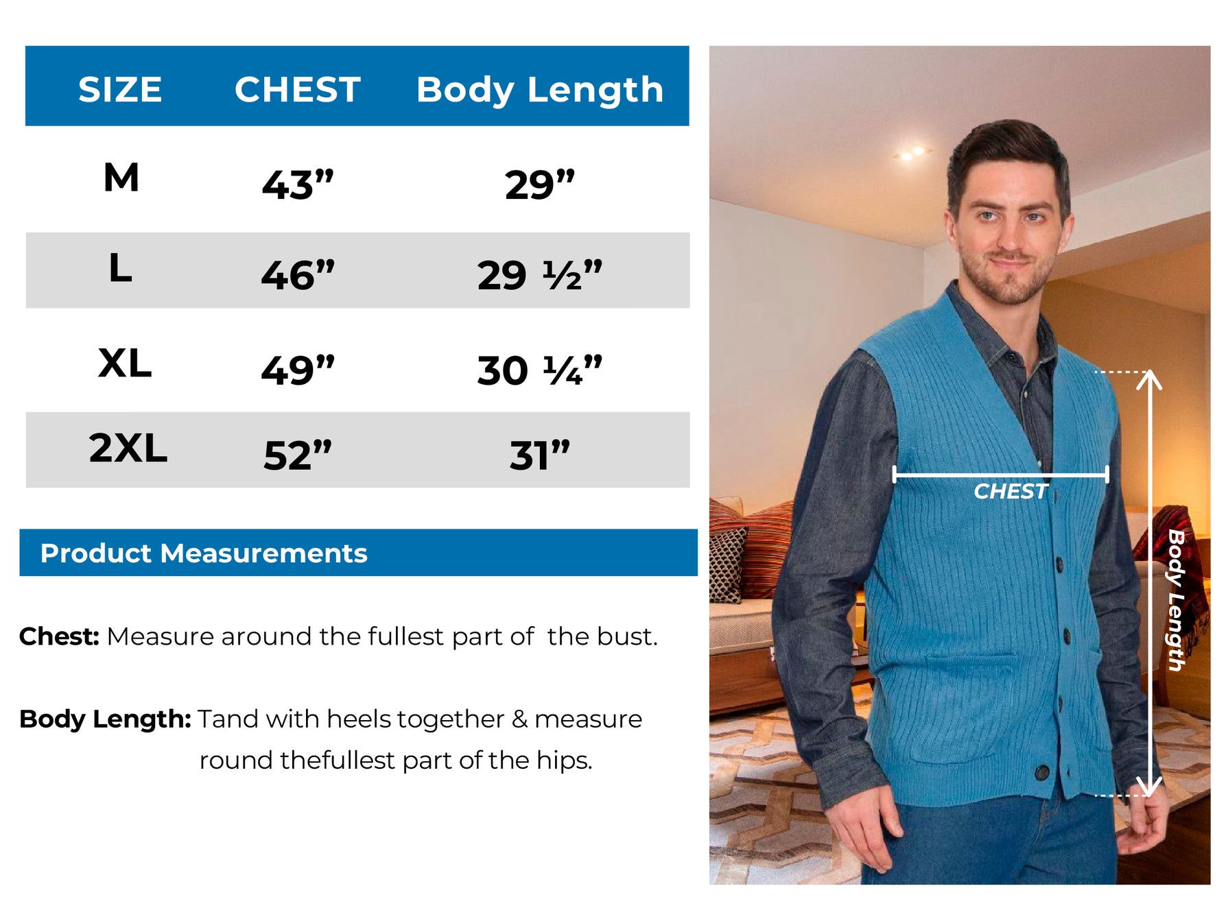 Men's Sweater Vest Size chart