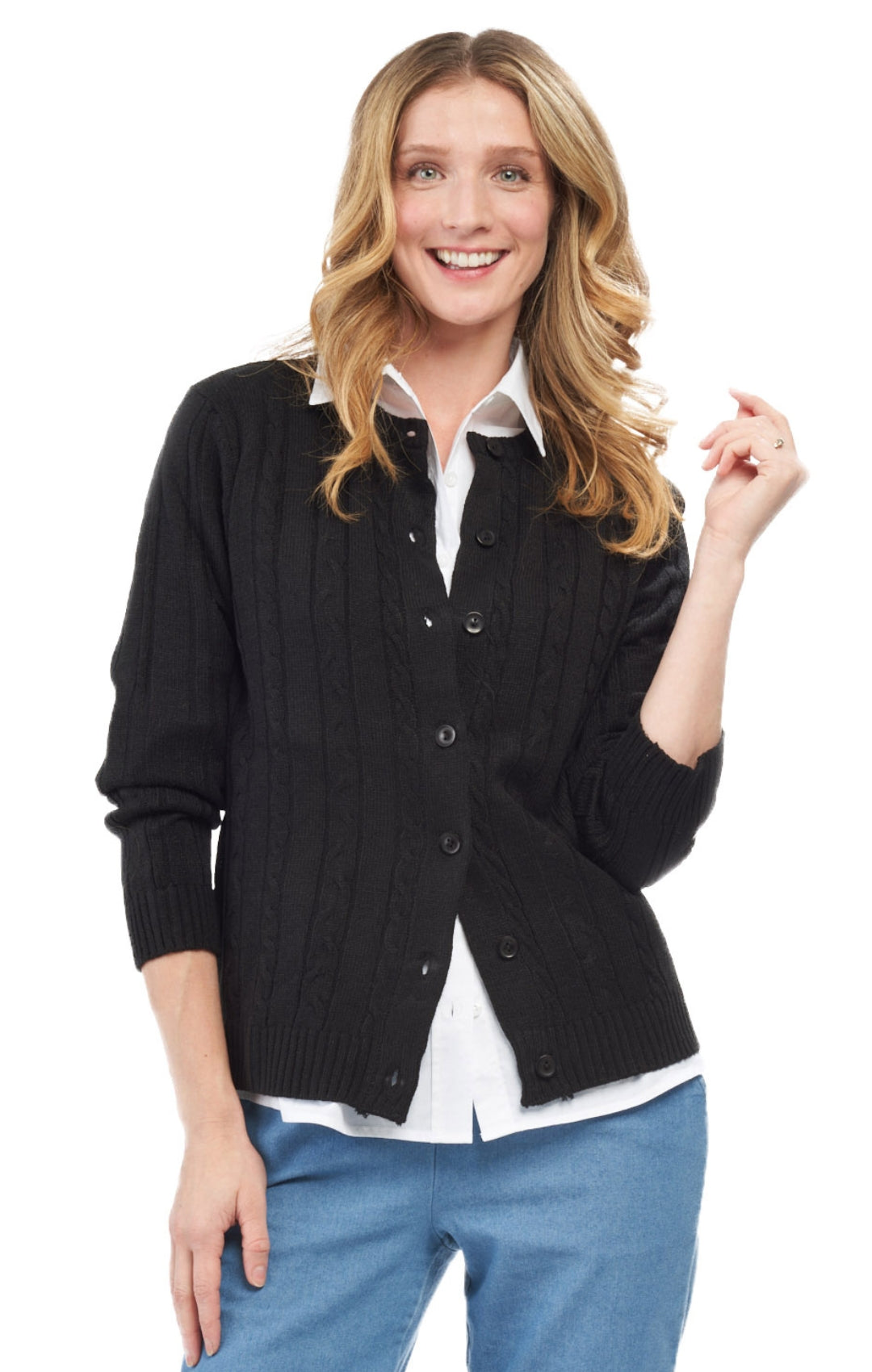 Women's Classic Button Front Cable Knit Cardigan in Soft Acryllic 1