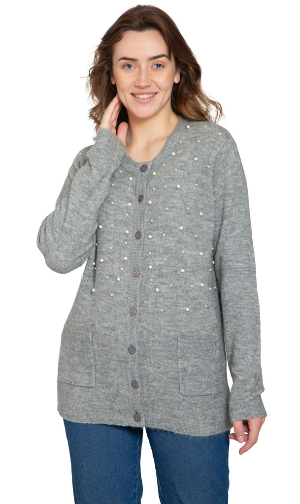 Women's Faux Pearl Cardigan – Luxe Beaded Sweater in a Soft Knit