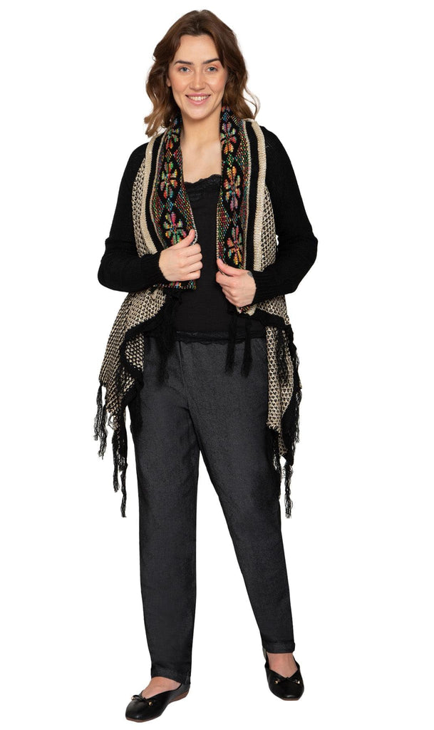 Women's Fringed Jacquard Weave Open Front Long Cardigan- Full - TURTLE BAY APPAREL