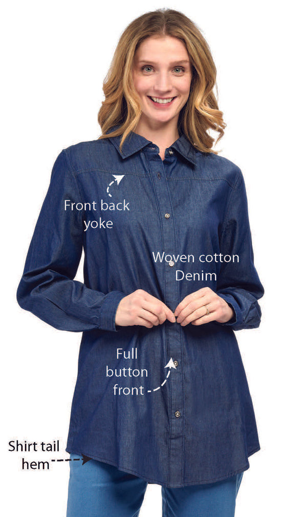 Women's Long Sleeve Tunic Tops – Soft, Lightweight Denim to Wear Over or Under