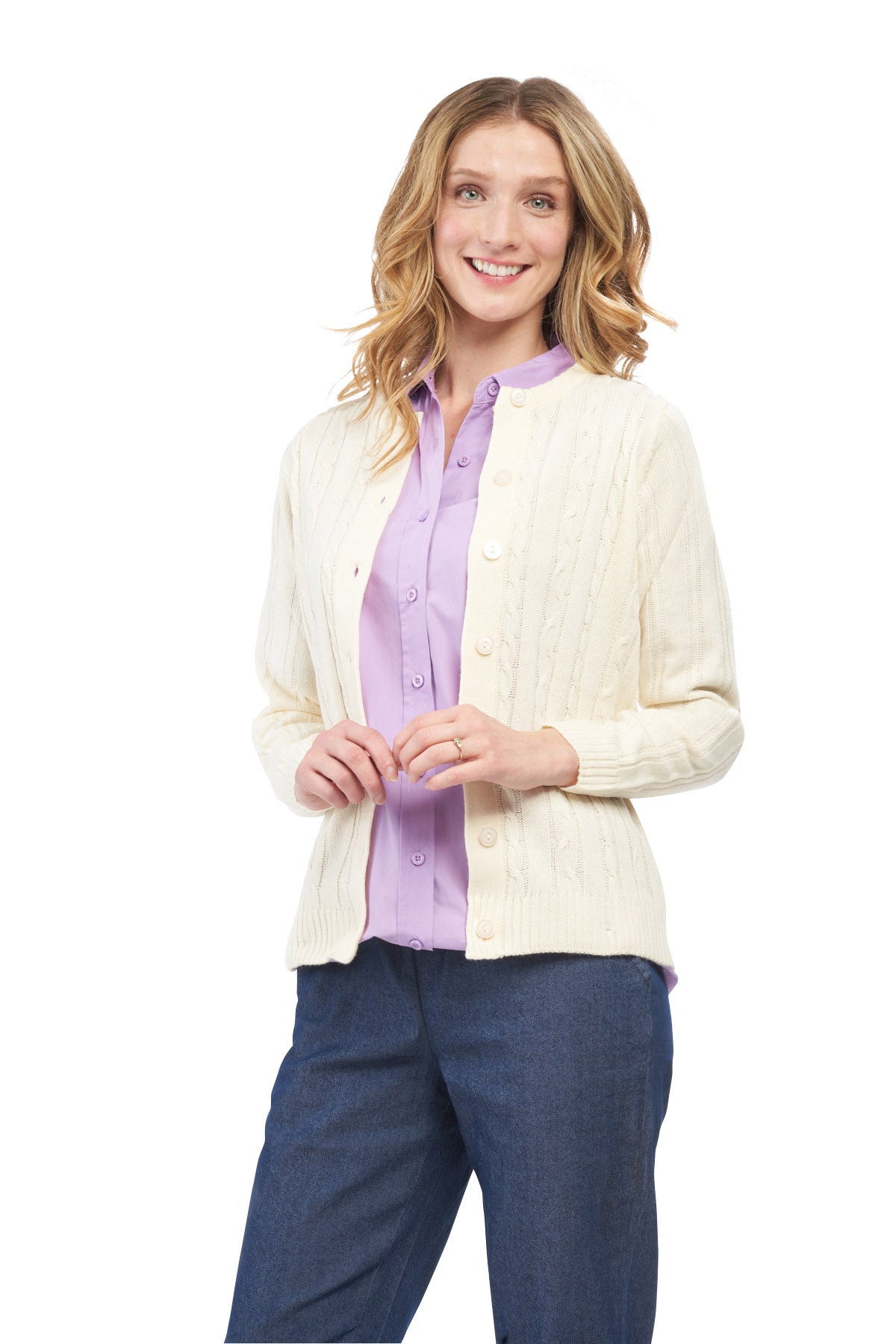 Women's Classic Button Front Cable Knit Cardigan in Soft Acryllic 13
