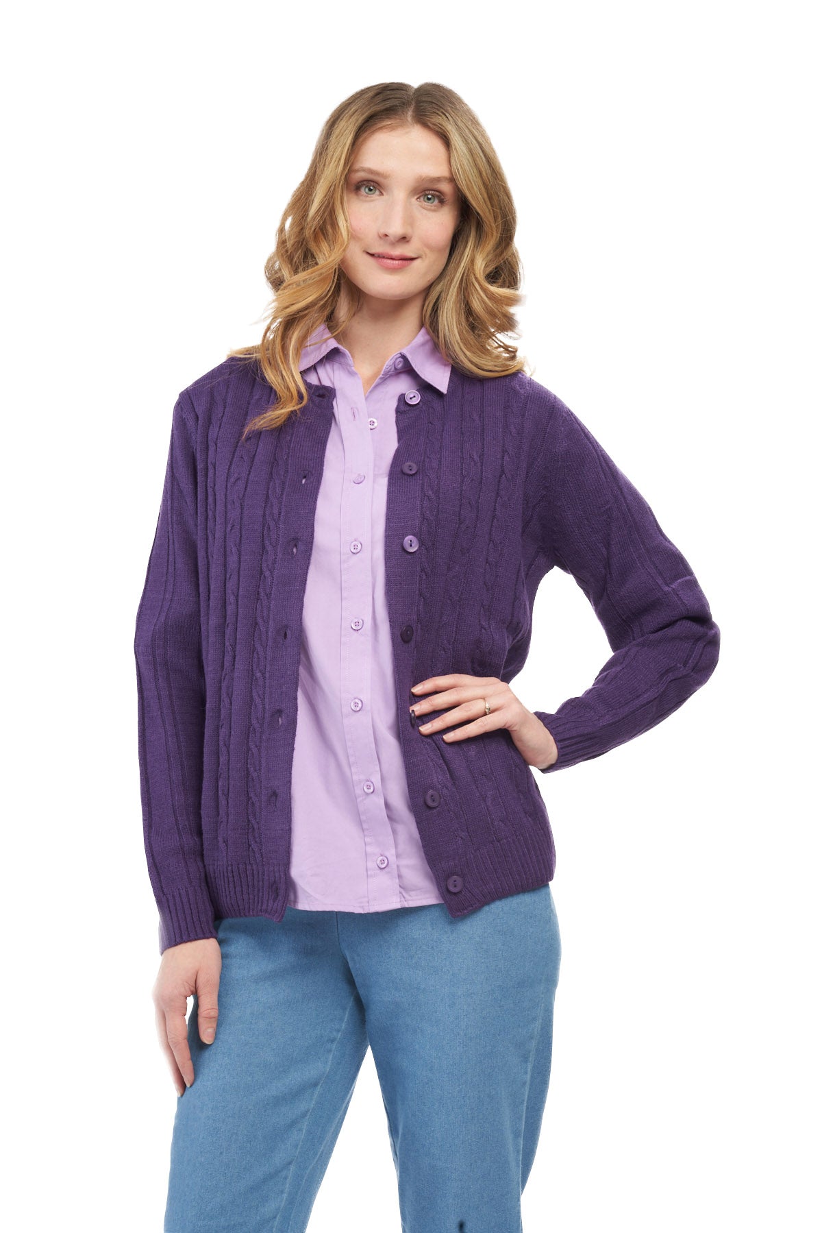 Women's Classic Button Front Cable Knit Cardigan in Soft Acryllic 4