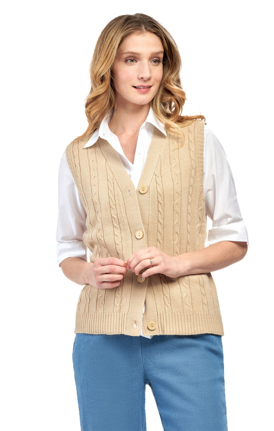 Women's Cable Knit Cardigan Sweater Vest — Button Front 21