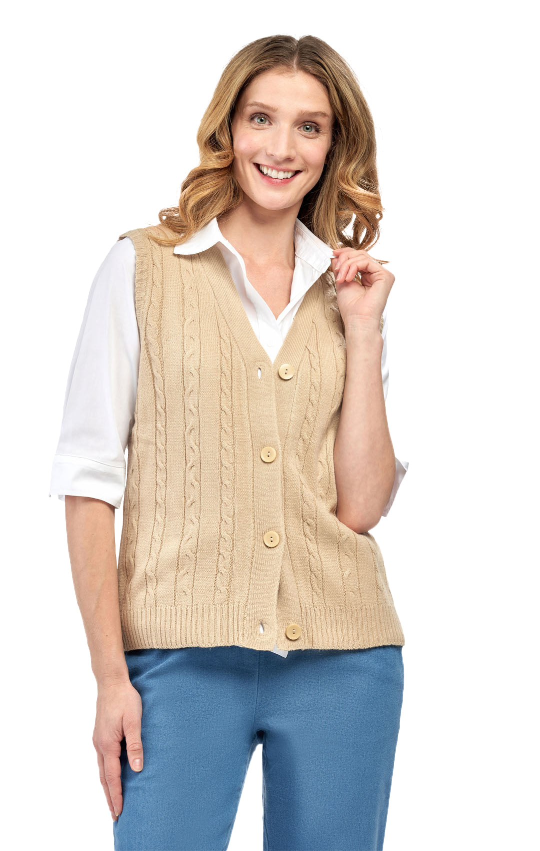 Women's Cable Knit Cardigan Sweater Vest — Button Front 18